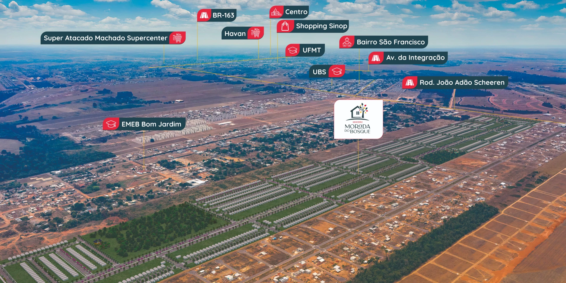 Mapa de localização do empreendimento em Sinop, com pontos de referência próximos: Shopping Sinop, UFMT, UBS, Havan, supermercados e BR-163