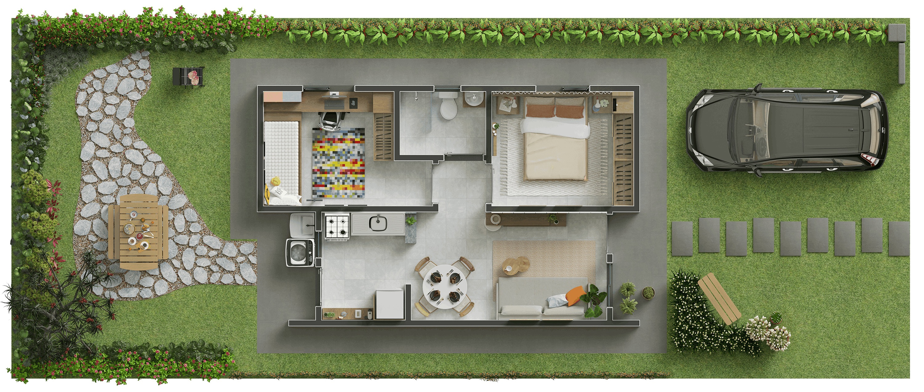 Planta da casa: 2 quartos, sala, cozinha, banheiro, área de serviço, vaga de garagem e quintal