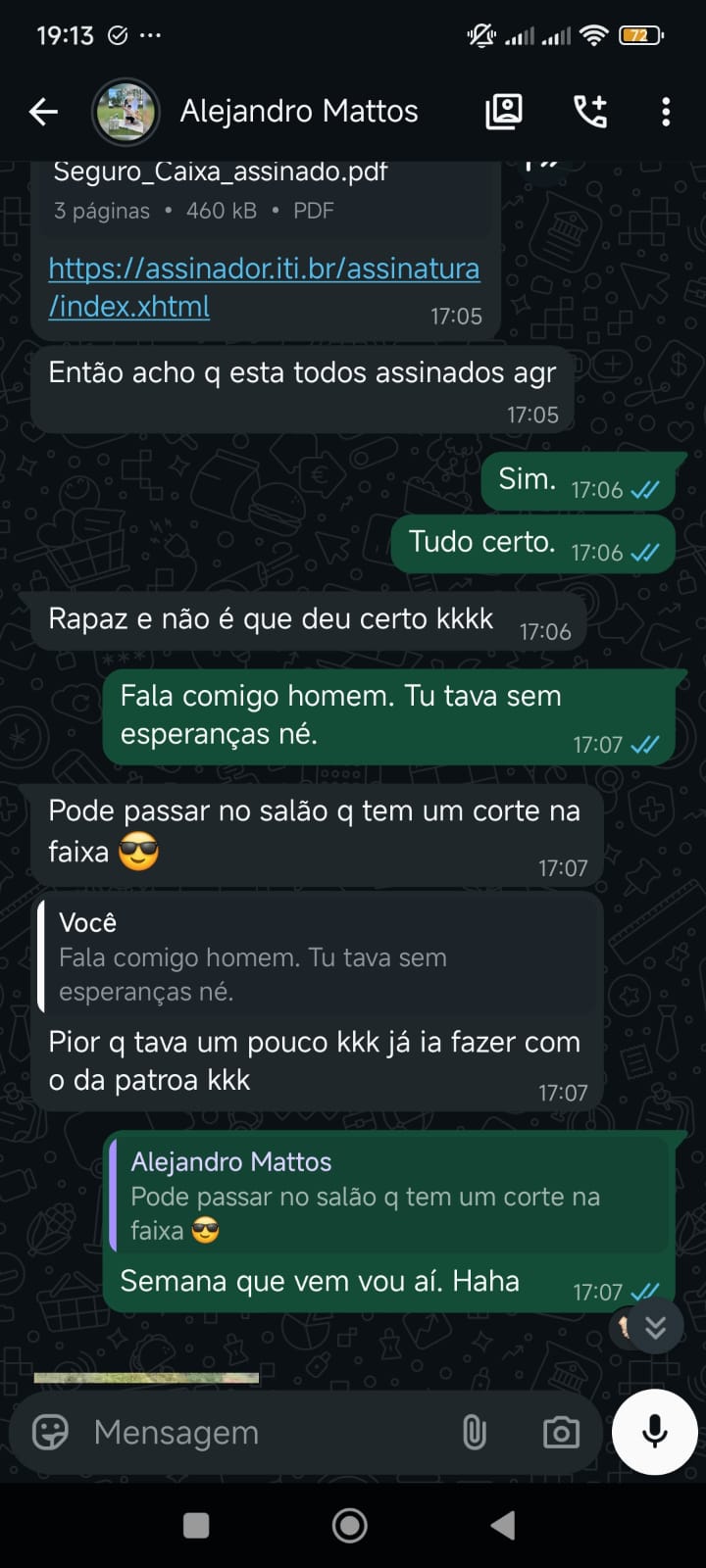 Mensagem do cliente Alejandro sobre a aprovação