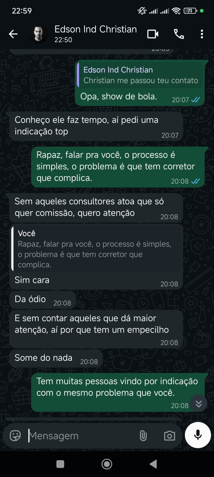 Mensagem do cliente Edson