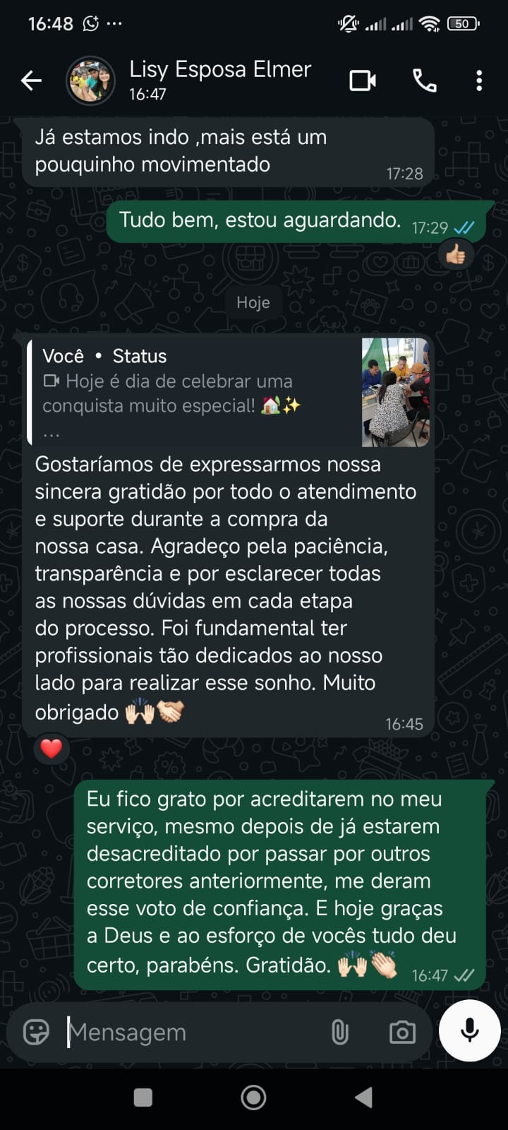 Mensagem de gratidão da cliente Lisy